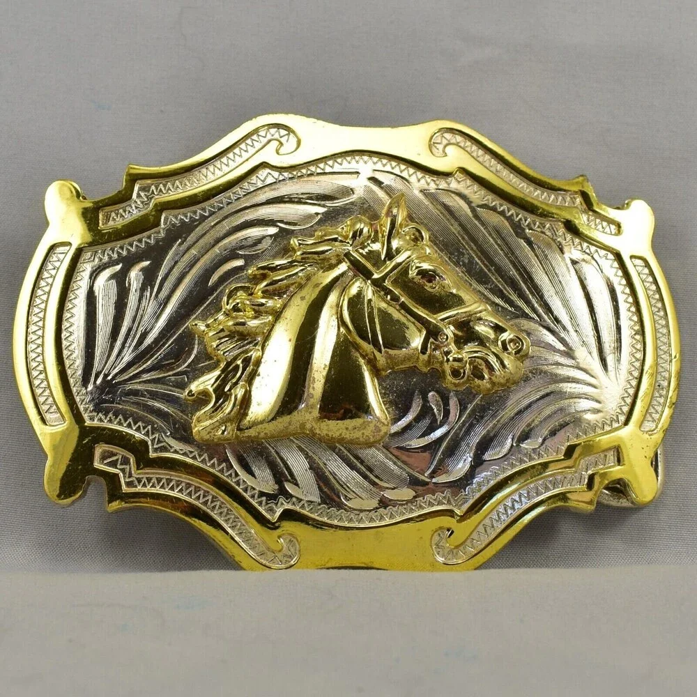 Belt Buckle‎ Horse Head Western Old West Silver and Gold Color Shiny